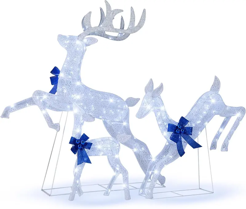 Illuminated Reindeer Trio: Glitter-Finished Pre-Lit Christmas Decor Set