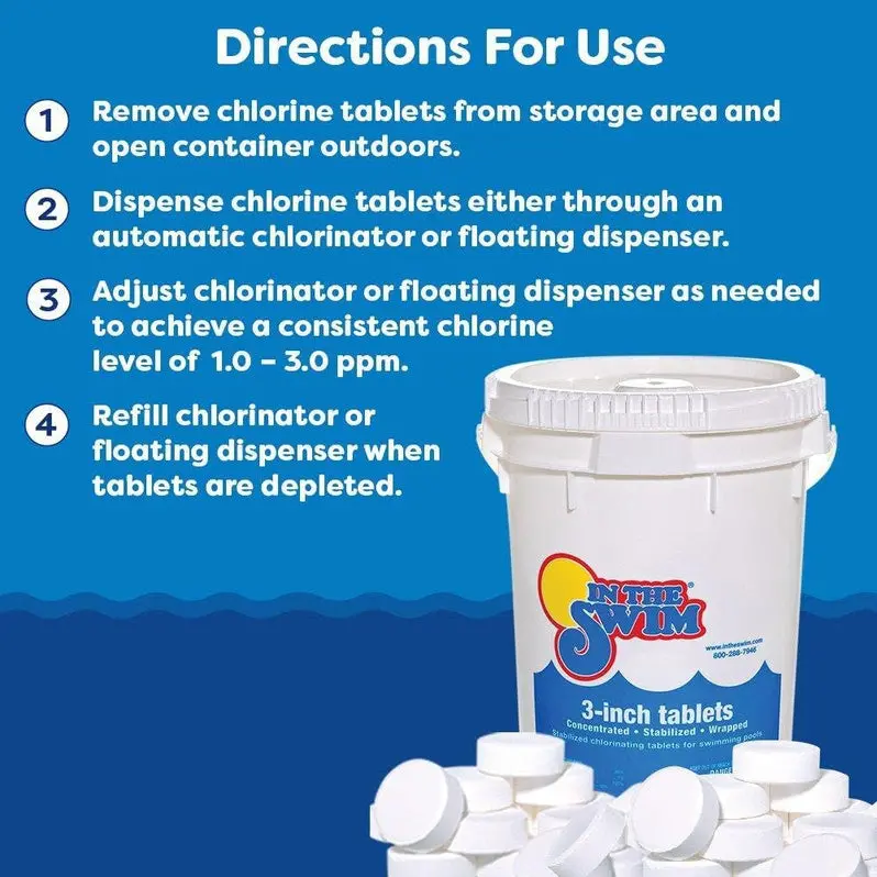 In The Swim 3" Stabilized Chlorine Tablets – Individually Wrapped Tri-Chlor Sanitizers | 90% Available Chlorine | Slow-Release Formula | 50 lb Bag