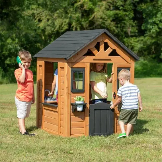Indoor/Outdoor Cedar Playhouse with Built-In Kitchen – Backyard Play Center for Kids