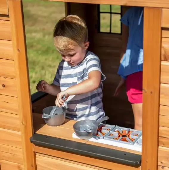Indoor/Outdoor Cedar Playhouse with Built-In Kitchen – Backyard Play Center for Kids