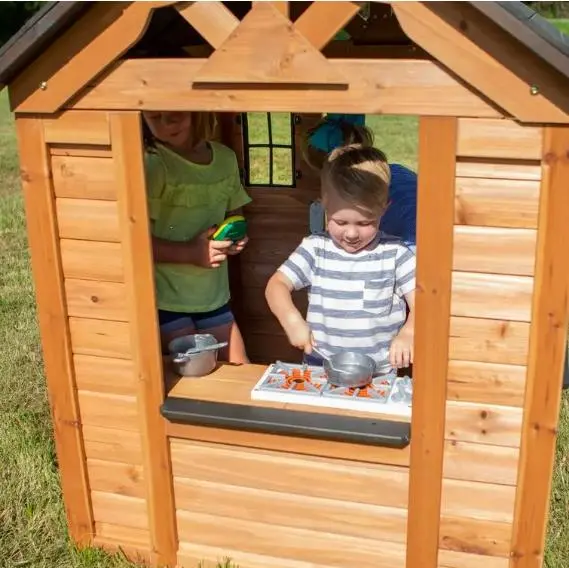 Indoor/Outdoor Cedar Playhouse with Built-In Kitchen – Backyard Play Center for Kids