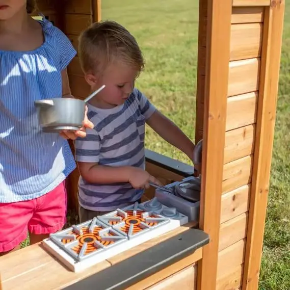 Indoor/Outdoor Cedar Playhouse with Built-In Kitchen – Backyard Play Center for Kids