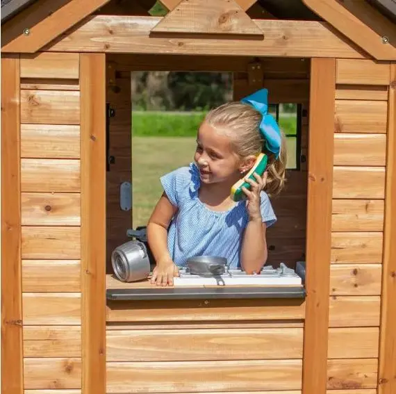 Indoor/Outdoor Cedar Playhouse with Built-In Kitchen – Backyard Play Center for Kids