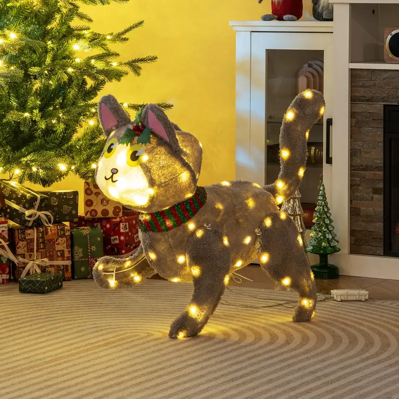 Indoor/Outdoor Lighted Cat Holiday Decoration with 88 Twinkling LED Lights