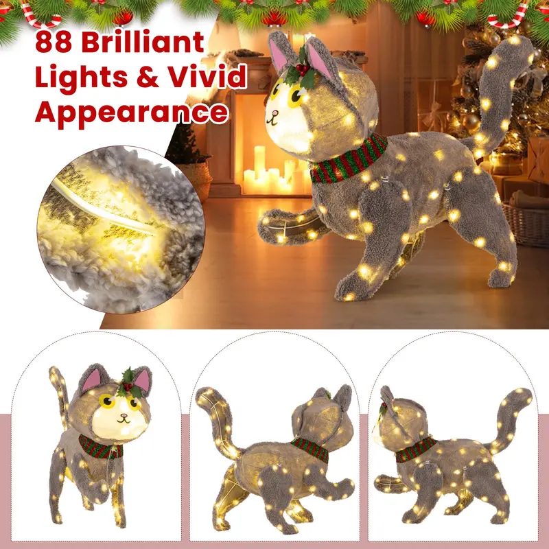 Indoor/Outdoor Lighted Cat Holiday Decoration with 88 Twinkling LED Lights