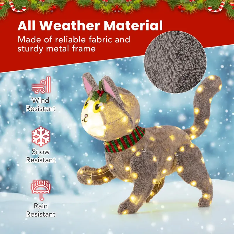 Indoor/Outdoor Lighted Cat Holiday Decoration with 88 Twinkling LED Lights