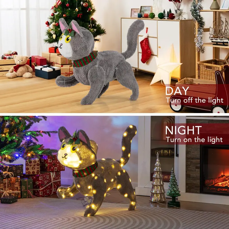 Indoor/Outdoor Lighted Cat Holiday Decoration with 88 Twinkling LED Lights