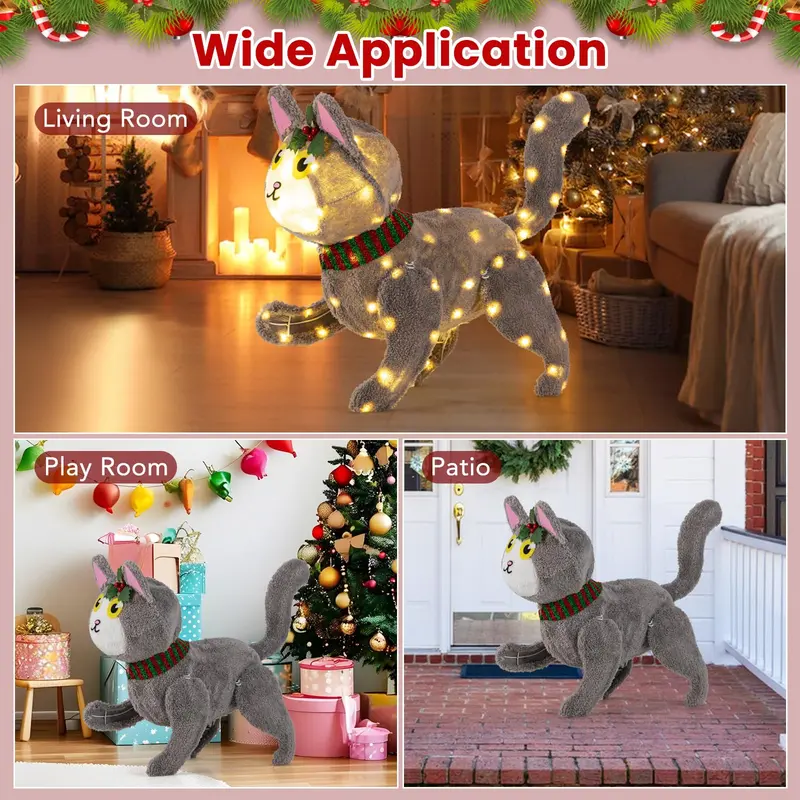 Indoor/Outdoor Lighted Cat Holiday Decoration with 88 Twinkling LED Lights