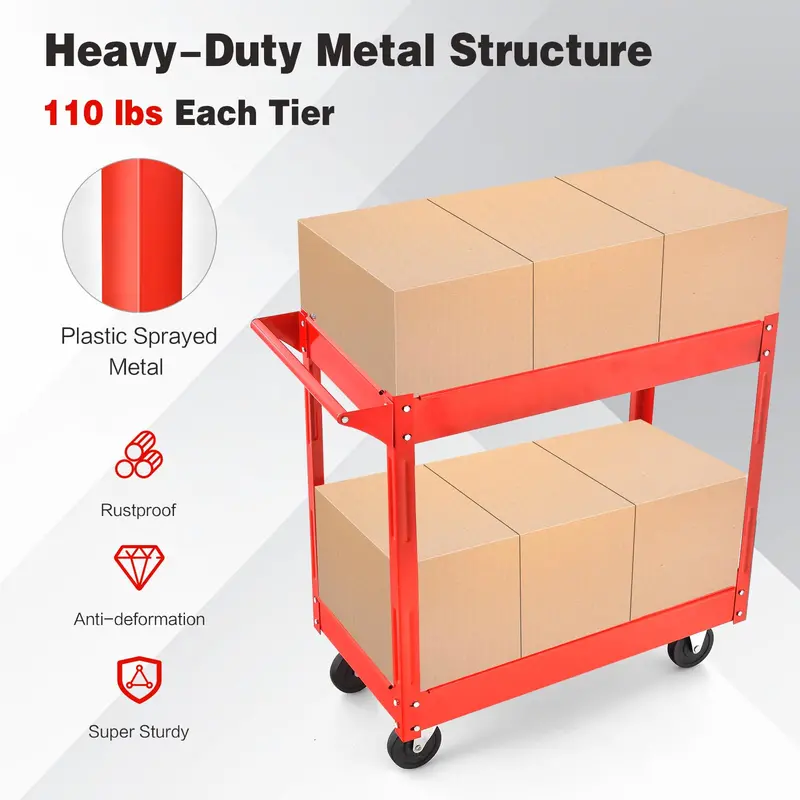 Industrial 2-Tier Rolling Utility Cart, Heavy-Duty Service and Tool Transport Caddy 2