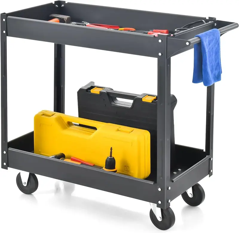 Industrial 2-Tier Rolling Utility Cart, Heavy-Duty Service and Tool Transport Caddy