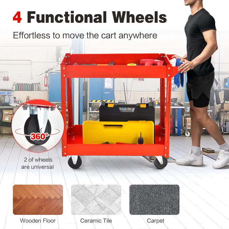 Industrial 2-Tier Rolling Utility Cart, Heavy-Duty Service and Tool Transport Caddy