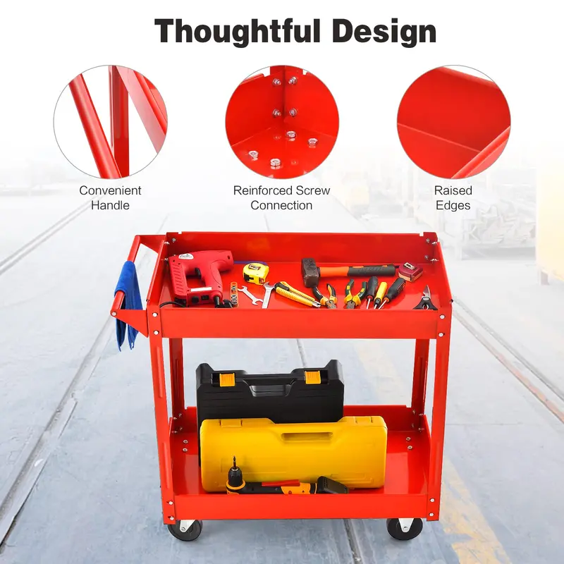 Industrial 2-Tier Rolling Utility Cart, Heavy-Duty Service and Tool Transport Caddy