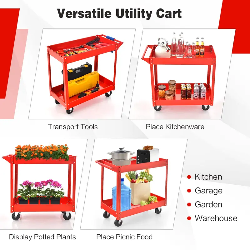 Industrial 2-Tier Rolling Utility Cart, Heavy-Duty Service and Tool Transport Caddy