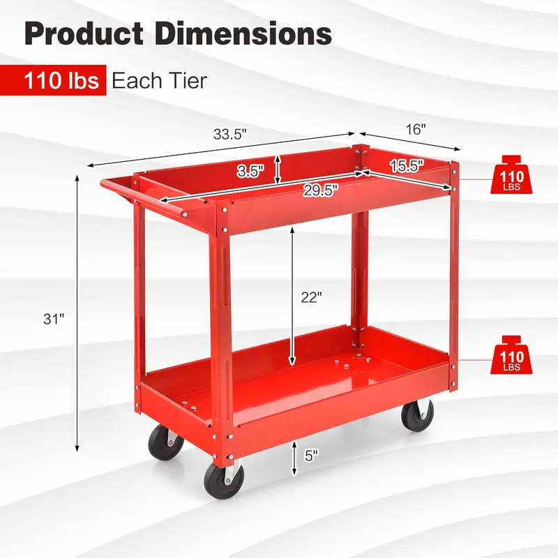 Industrial 2-Tier Rolling Utility Cart, Heavy-Duty Service and Tool Transport Caddy