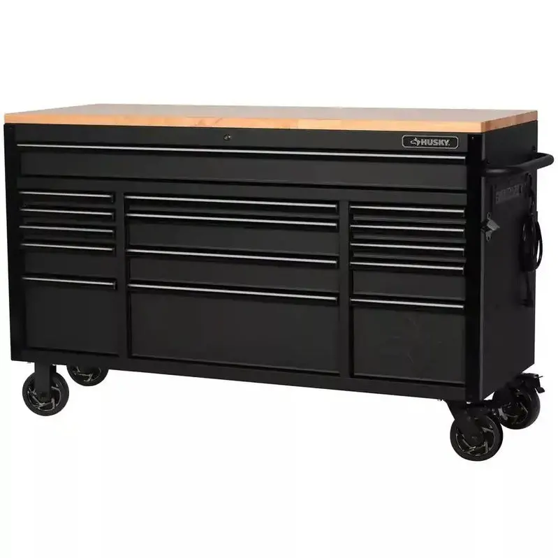 Industrial 61" Mobile Tool Cabinet – 15-Drawer Steel Base with Durable Solid Wood Countertop