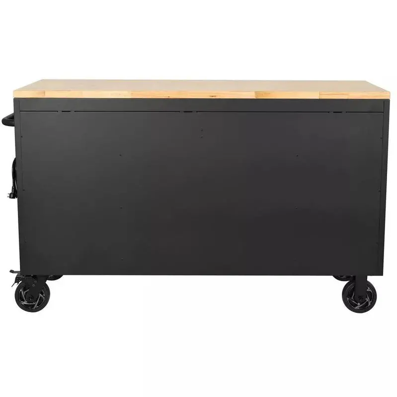 Industrial 61" Mobile Tool Cabinet – 15-Drawer Steel Base with Durable Solid Wood Countertop