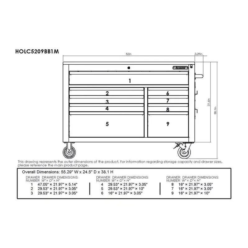 Industrial-Grade 52-Inch 9-Drawer Mobile Workbench with Matte Blue Solid Wood Top & Height Adjustment