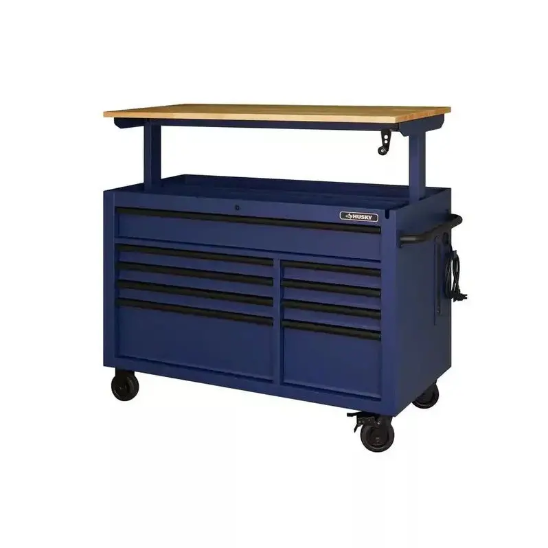 Industrial-Grade 52-Inch 9-Drawer Mobile Workbench with Matte Blue Solid Wood Top & Height Adjustment