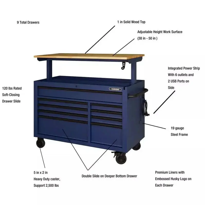 Industrial-Grade 52-Inch 9-Drawer Mobile Workbench with Matte Blue Solid Wood Top & Height Adjustment