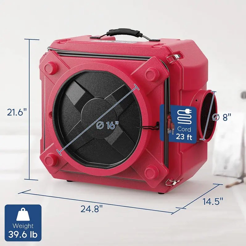 Industrial-Grade Stackable Air Scrubber – 3-Stage Filtration (MERV-10 + HEPA + Carbon), Red
