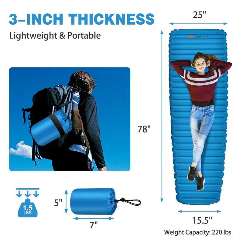 Inflatable Camping Sleeping Pad, 3-Inch Thick Waterproof Air Mattress for Backpacking & Car Camping