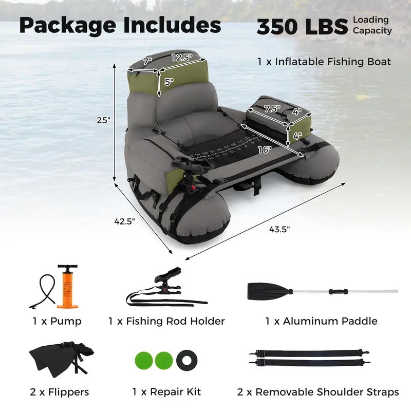 Inflatable Fishing Float Tube with Built-In Fish Ruler and 350-Pound Weight Capacity