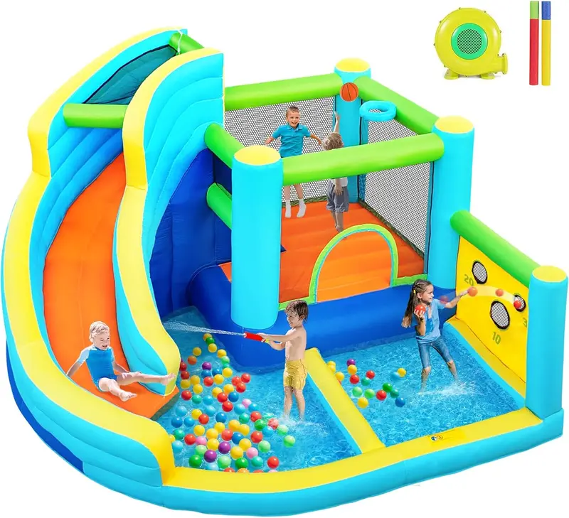 Inflatable Outdoor Bounce House with Water Slide – Integrated Climbing Wall, Splash Pool, Ball Shooter, and 450W Blower Included