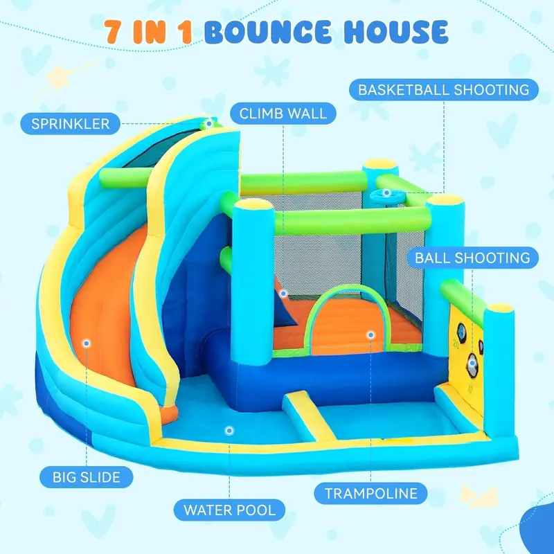 Inflatable Outdoor Bounce House with Water Slide – Integrated Climbing Wall, Splash Pool, Ball Shooter, and 450W Blower Included 2