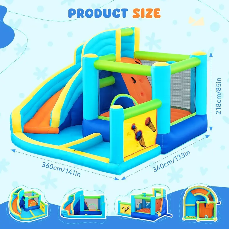 Inflatable Outdoor Bounce House with Water Slide – Integrated Climbing Wall, Splash Pool, Ball Shooter, and 450W Blower Included
