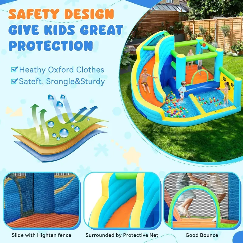 Inflatable Outdoor Bounce House with Water Slide – Integrated Climbing Wall, Splash Pool, Ball Shooter, and 450W Blower Included