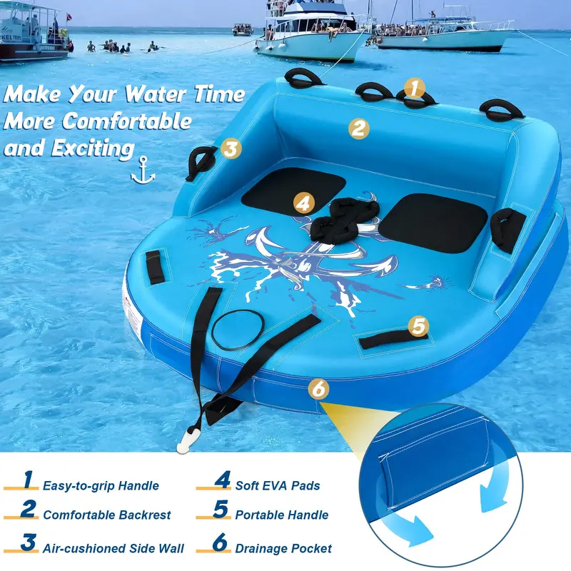 Inflatable Sofa-Style Towable Tube – 1–2 Person Boating Water Sport Pull Toy with Drain Holes