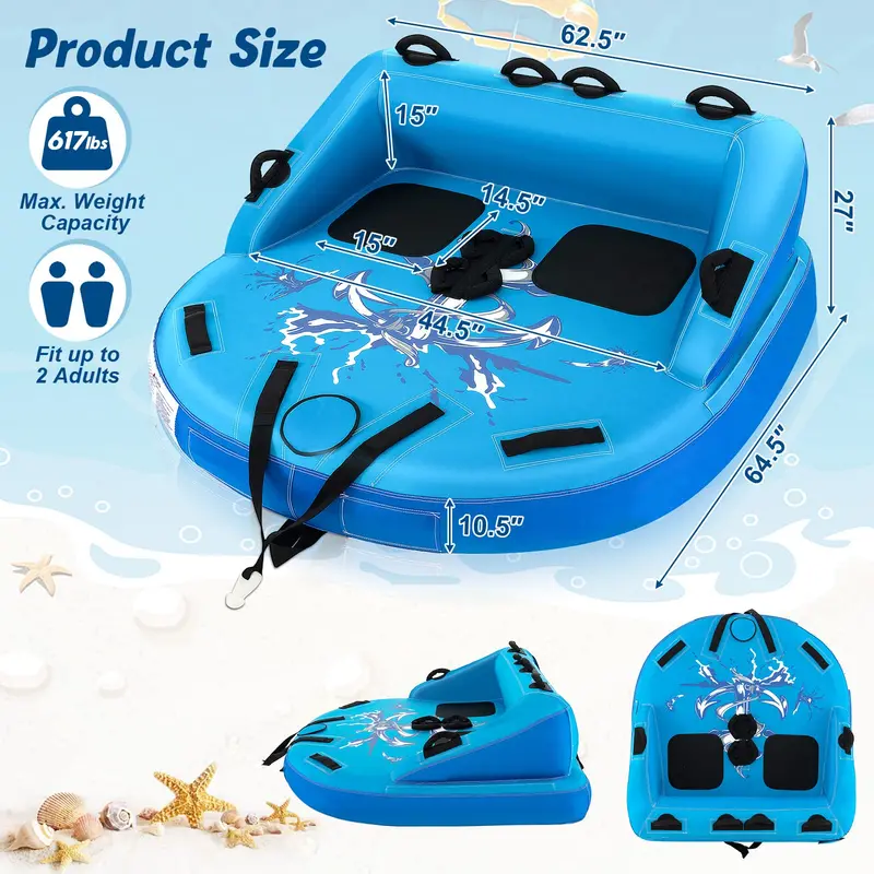 Inflatable Sofa-Style Towable Tube – 1–2 Person Boating Water Sport Pull Toy with Drain Holes