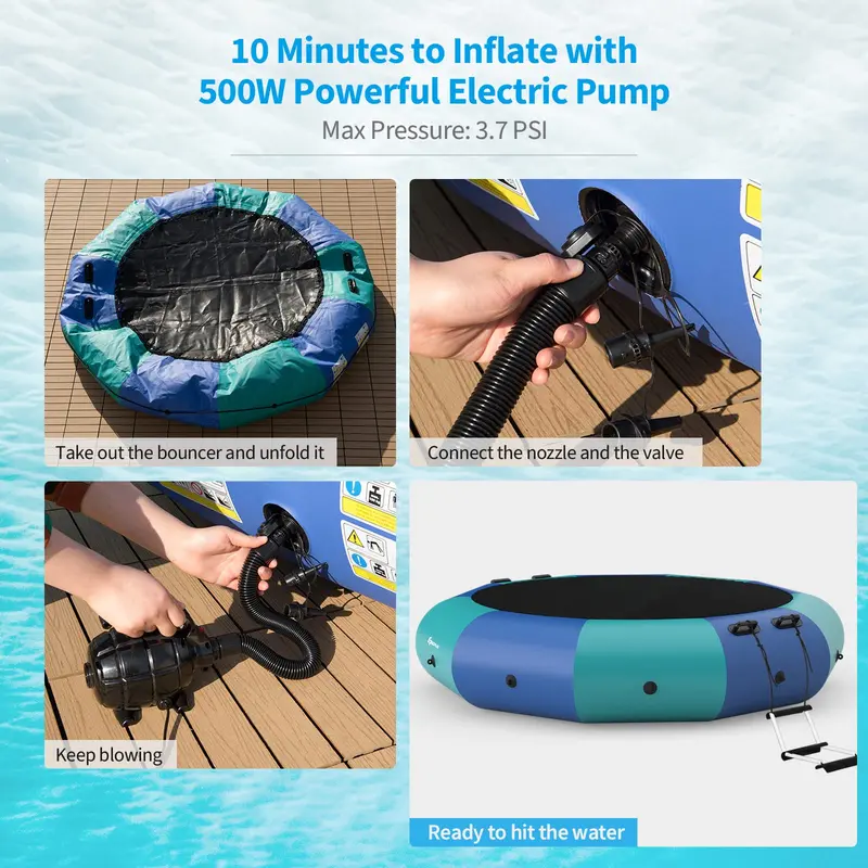 Inflatable Water Trampoline – 10FT, 12FT, or 15FT Recreational Bouncer with Electric Pump and Rope Ladder
