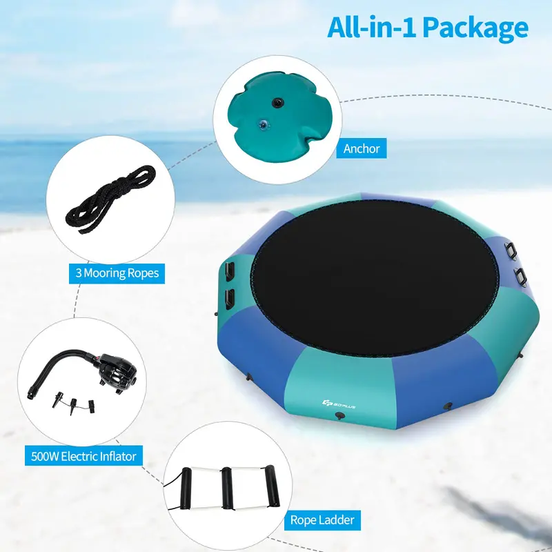 Inflatable Water Trampoline – 10FT, 12FT, or 15FT Recreational Bouncer with Electric Pump and Rope Ladder