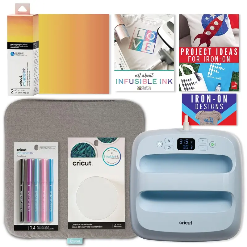 Infusible Ink Starter Bundle – 9" × 9" Cutting Mat, Transfer Sheets, Markers, Coasters, and 20" × 16" Heat Press Mat for Custom Apparel & Home Decor
