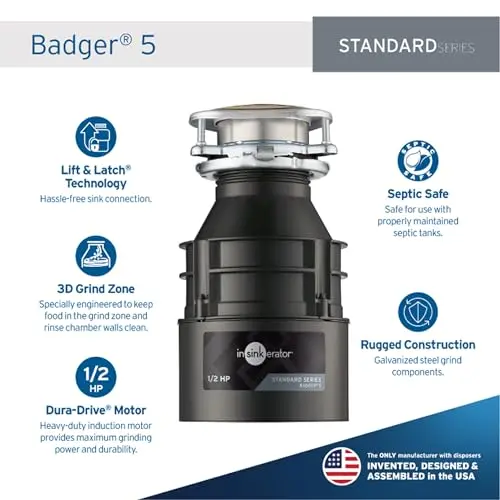 InSinkErator Badger 5 Garbage Disposal – 1/2 HP Continuous Feed, Space-Saving Design, Quick Lock Mount Installation