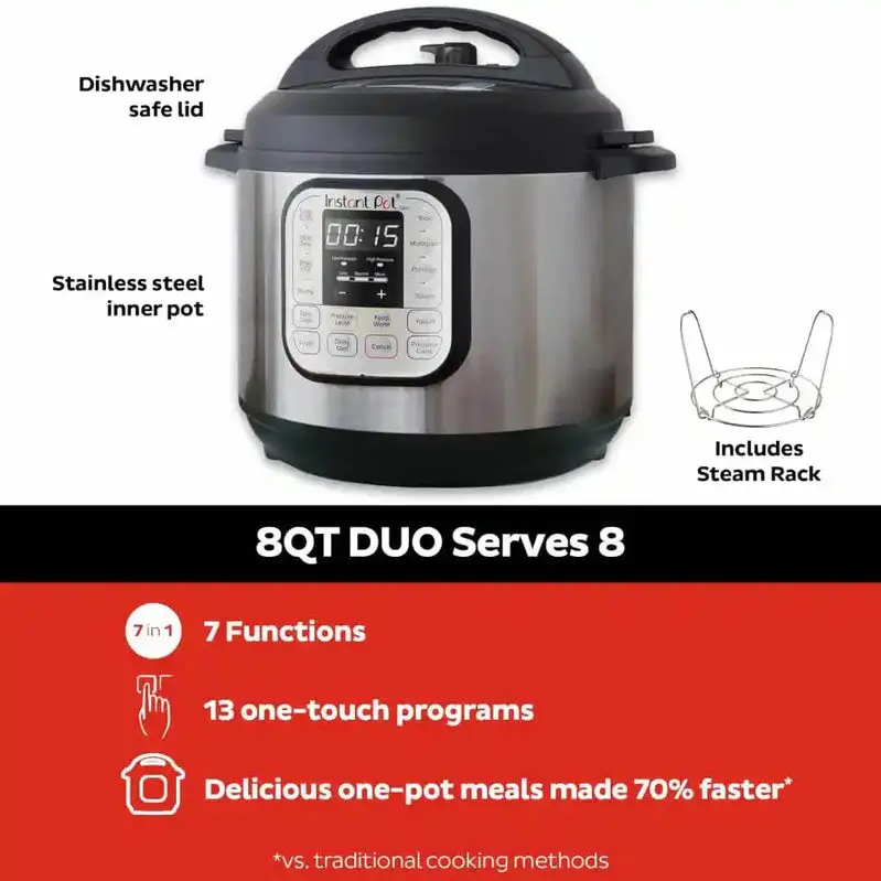Instant Pot Duo 8-Quart Stainless Steel Electric Pressure Cooker – Dual-Function (Pressure + Slow Cook)