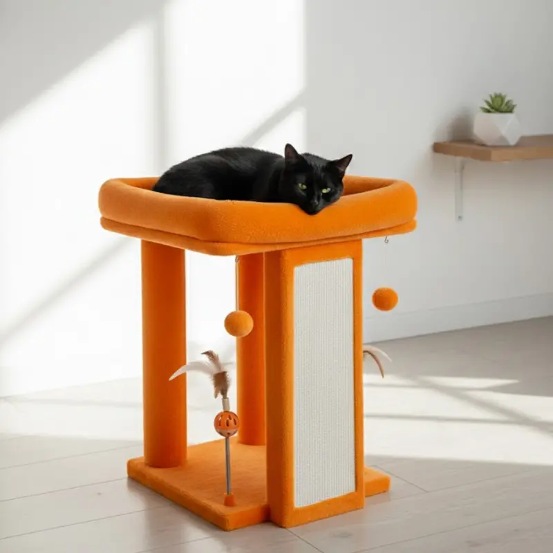 Interactive Cat Tree Tower – Raised Platform, Scratch Board, and Hanging Toys