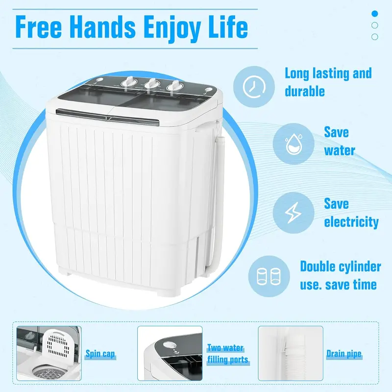INTERGREAT 16-Lb Twin-Tub Portable Washer – Semi-Automatic Laundry Machine with Extended Hose & Drain Pump, Blue Design for Dorms & Apartments 2