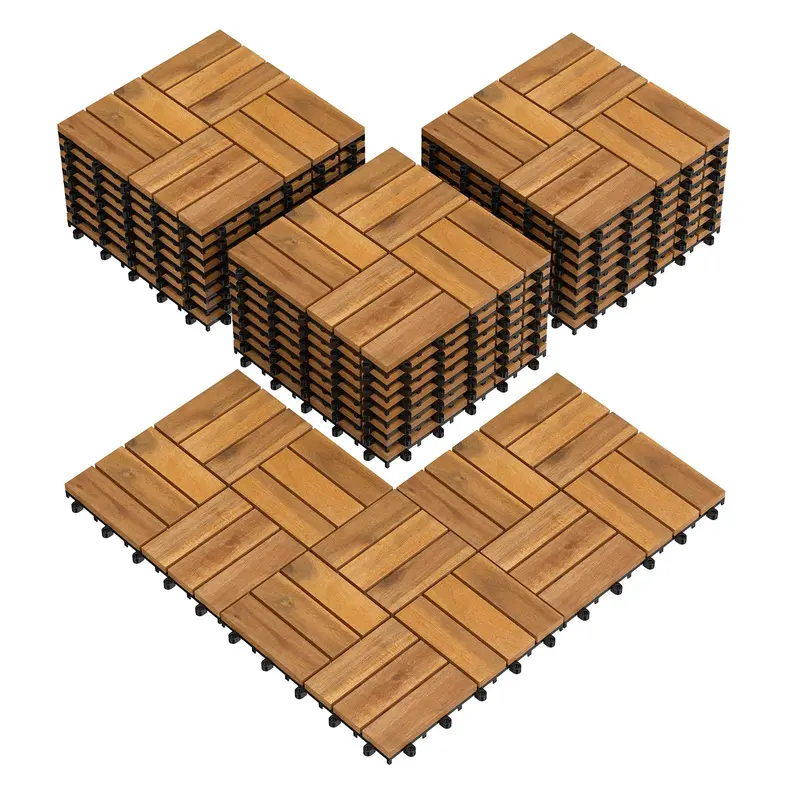 Interlocking Acacia Wood Deck Tiles – 12 in x 12 in Checkered Pattern for Patios & Outdoor Floors