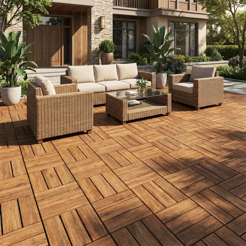 Interlocking Acacia Wood Deck Tiles – 12 in x 12 in Checkered Pattern for Patios & Outdoor Floors 2