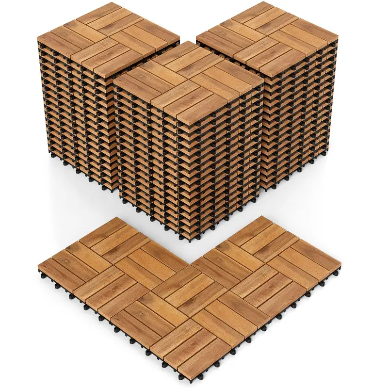 Interlocking Acacia Wood Deck Tiles – 12 in x 12 in Checkered Pattern for Patios & Outdoor Floors