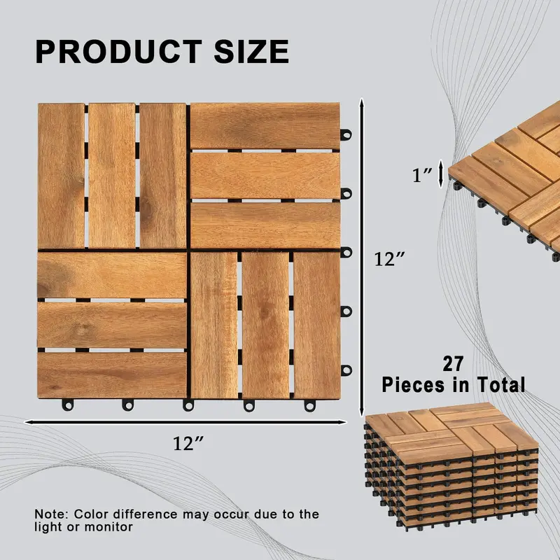 Interlocking Acacia Wood Deck Tiles – 12 in x 12 in Checkered Pattern for Patios & Outdoor Floors