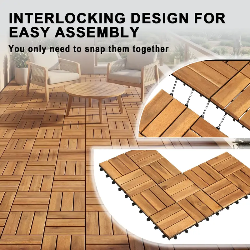 Interlocking Acacia Wood Deck Tiles – 12 in x 12 in Checkered Pattern for Patios & Outdoor Floors