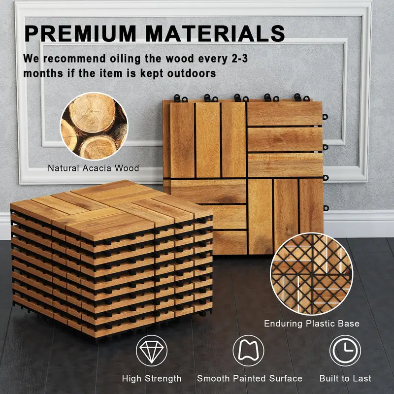 Interlocking Acacia Wood Deck Tiles – 12 in x 12 in Checkered Pattern for Patios & Outdoor Floors
