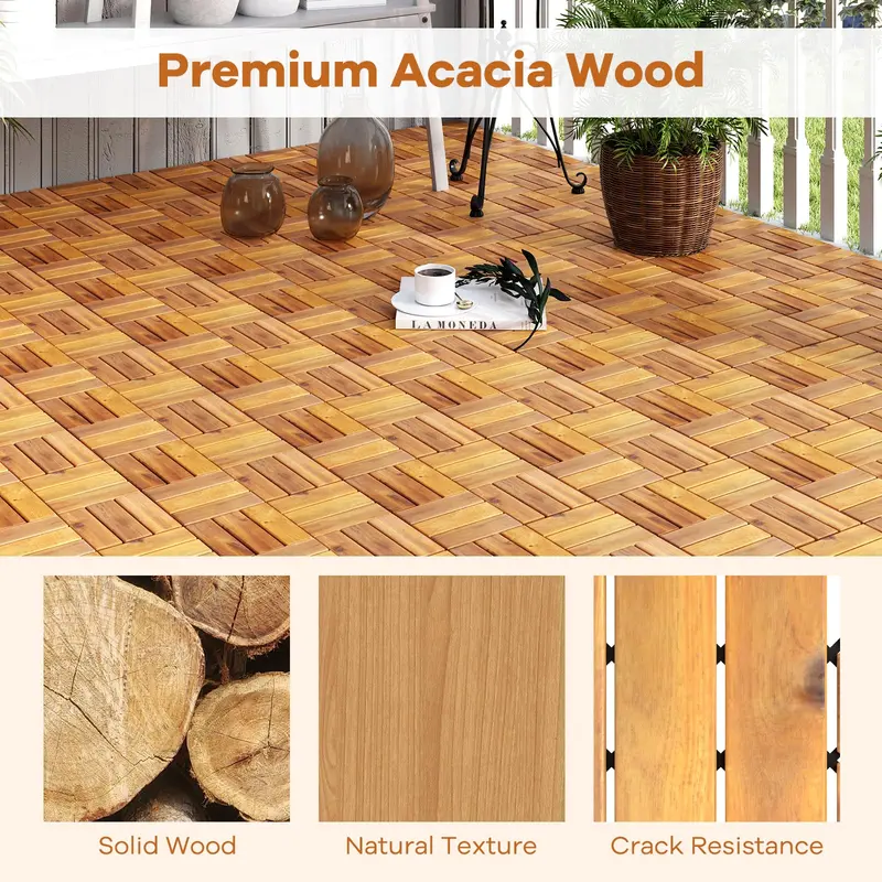 Interlocking Acacia Wood Decking Tiles — 27-Pack, 12"×12" per Tile