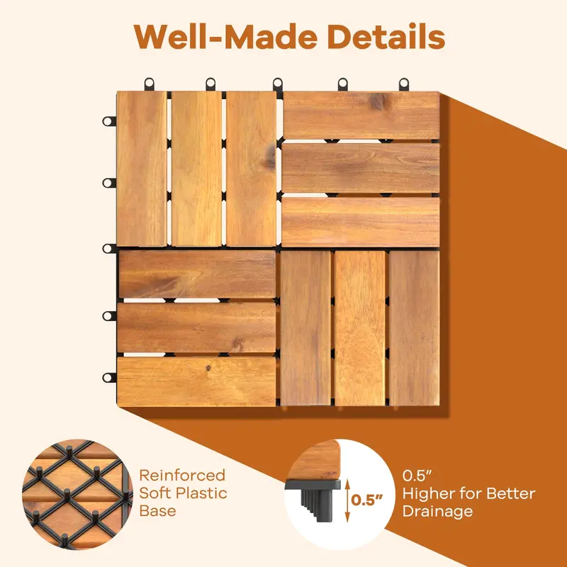Interlocking Acacia Wood Decking Tiles — 27-Pack, 12"×12" per Tile