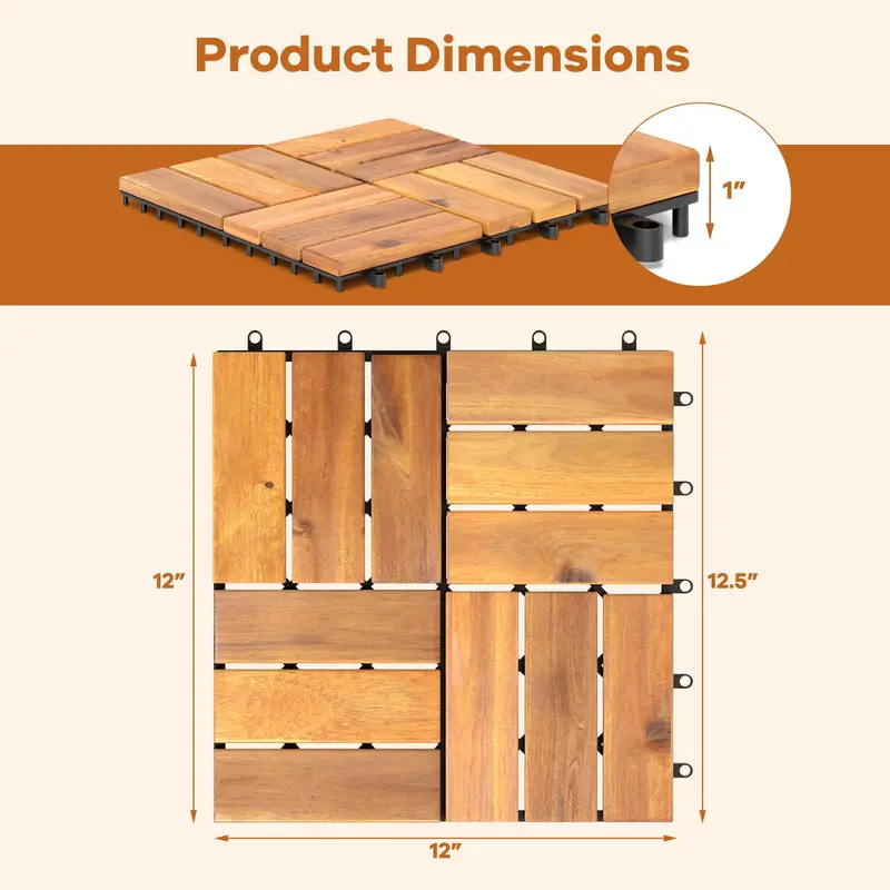 Interlocking Acacia Wood Decking Tiles — 27-Pack, 12"×12" per Tile