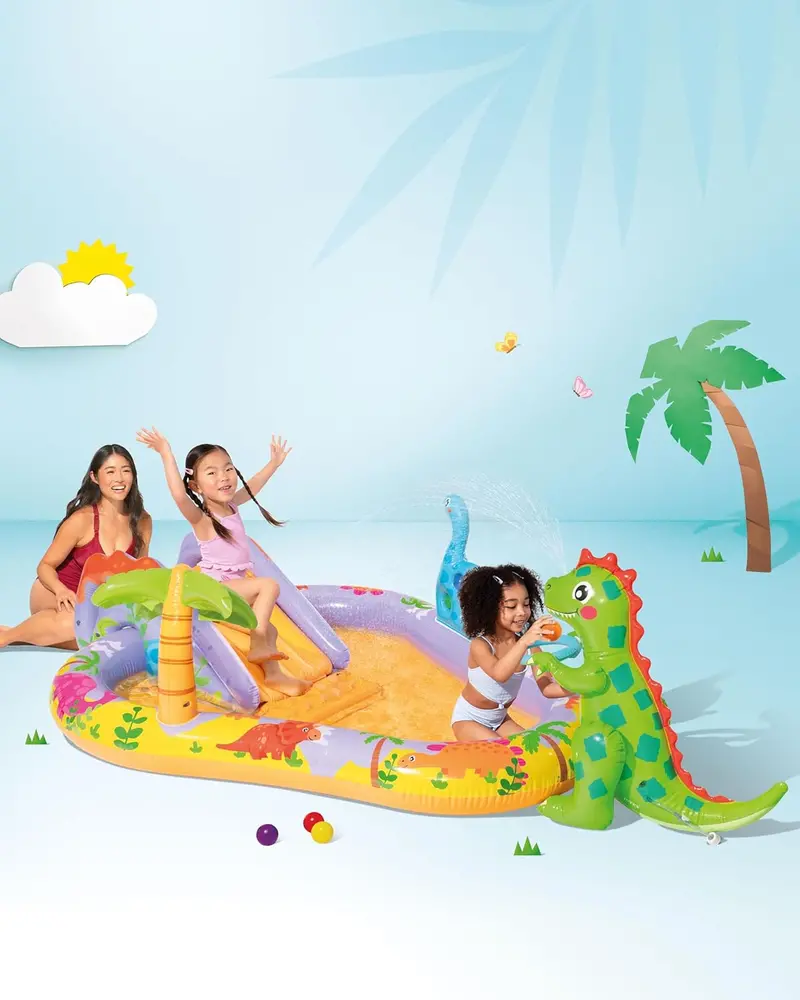 Intex Jungle Adventure Inflatable Splash Pool – 96" x 78" x 28" Kids Water Slide & Spray Play Center for Backyards