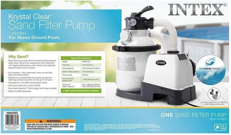 Intex Krystal Clear 16-Inch Sand Filter Pump – 3,000 GPH for Above-Ground Pools with Timer, GFCI Protection, and 6-Function Control
